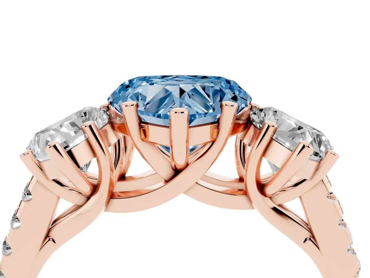 Fancy Blue Three-Stone Heart Cut Diamond Ring with Round Pavé Band and Prong Setting Rose gold