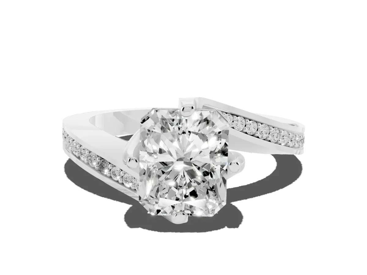 Radiant Cut Solitaire Diamond Twist Band with Pavé Setting and Four-Prong Setting Silver