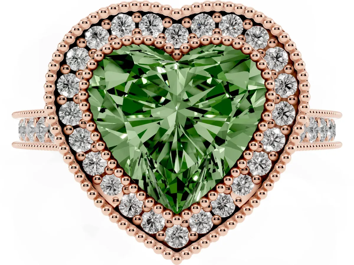 Fancy Green Halo Heart Cut-Cut Diamond Pave Band Milgrain Prong Setting Ring Rose gold
