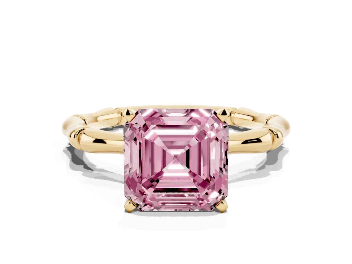 Fancy Pink Asscher Cut Solitaire Diamond Ring with Bamboo Band and Four-Prong Setting Yellow gold