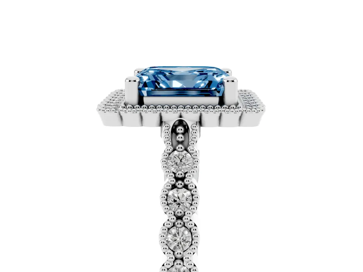 Fancy Blue Asscher Cut Cut Halo Pavé Solitaire Ring with Milgrain Band Platinum