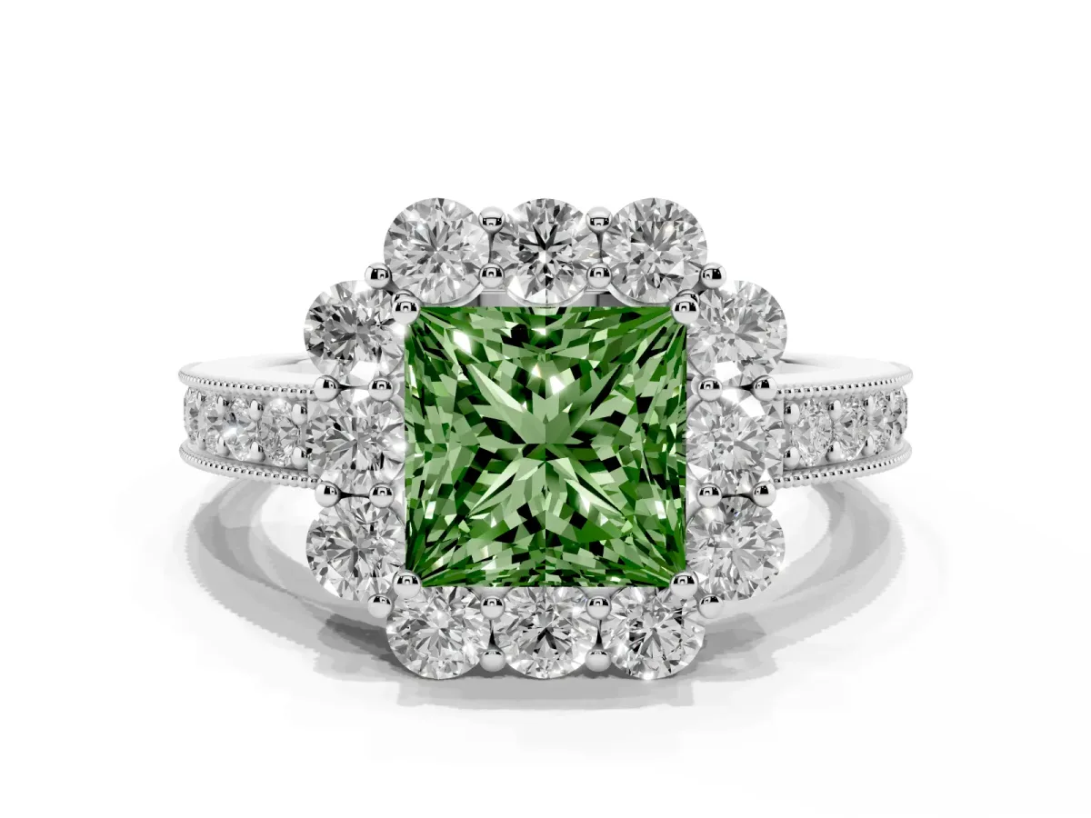 Fancy Green Princess Cut Cut Halo Diamond Pavé Engagement Ring with Milgrain Detailing Silver