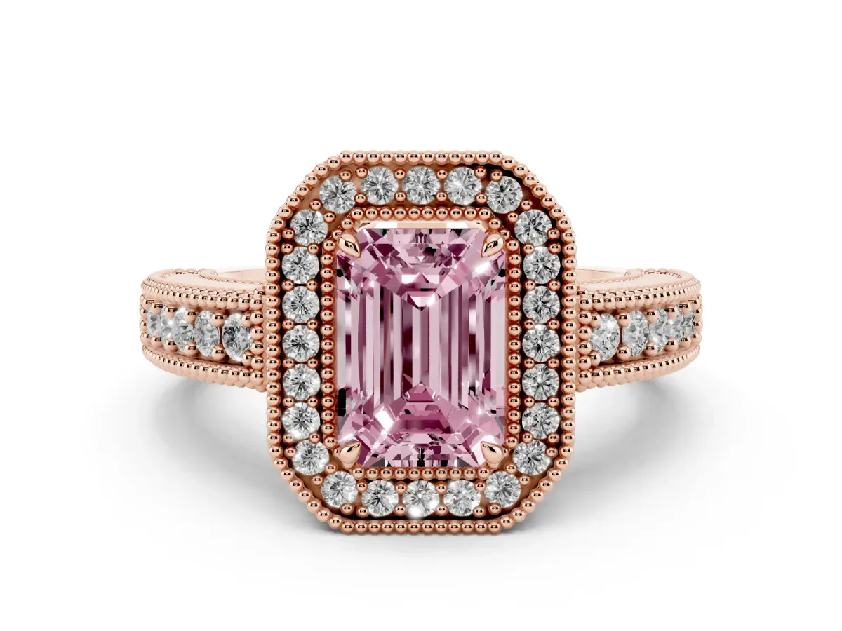 Fancy Pink Emerald Cut Cut Halo Diamond Ring with Pavé Band and Four-Prong Setting Rose gold