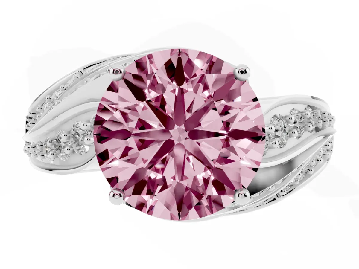 Fancy Pink Round Cut Diamond Solitaire Ring with Prong Setting and Twisted Pavé Band Silver