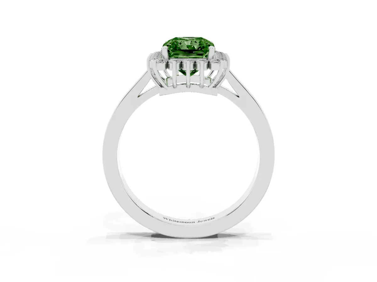 Fancy Green Radiant Cut Cut Diamond Halo Ring with Round Brilliant Halo and Solitaire Band Silver