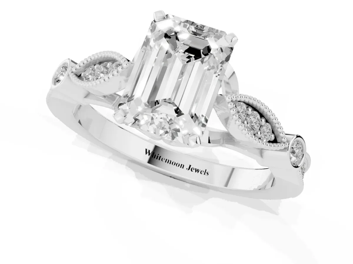 Emerald Cut Cut Diamond with Milgrain Marquise and Bezel Accents on a Solitaire Band with Prong Setting Silver