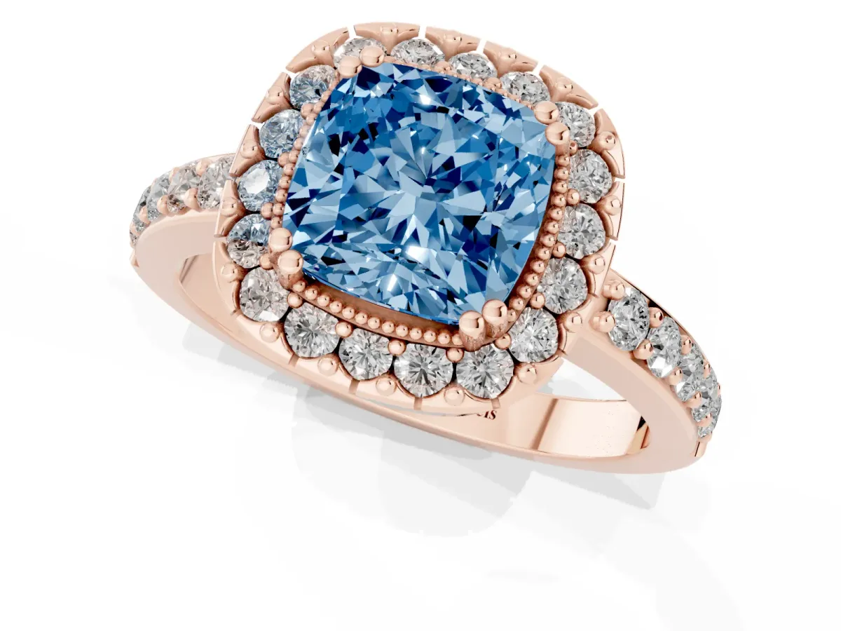 Fancy Blue Cushion Cut Diamond Halo Ring with Pavé Band and Prong Setting Rose gold