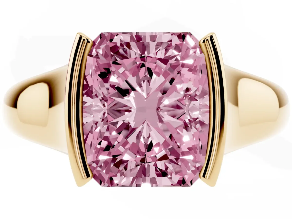 Fancy Pink Radiant Cut Solitaire Tension Set Diamond Ring with Split Shank Band Yellow gold