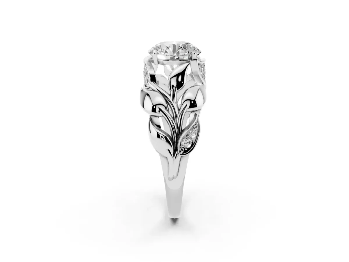 Round Cut Diamond Leaf-Inspired Engagement Ring with Round Accents and Prong Setting Silver