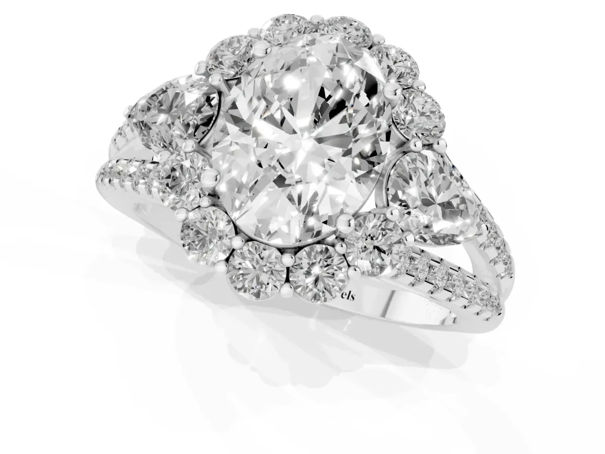 Oval Cut Halo Split Shank Diamond Engagement Ring with Prong Setting Silver