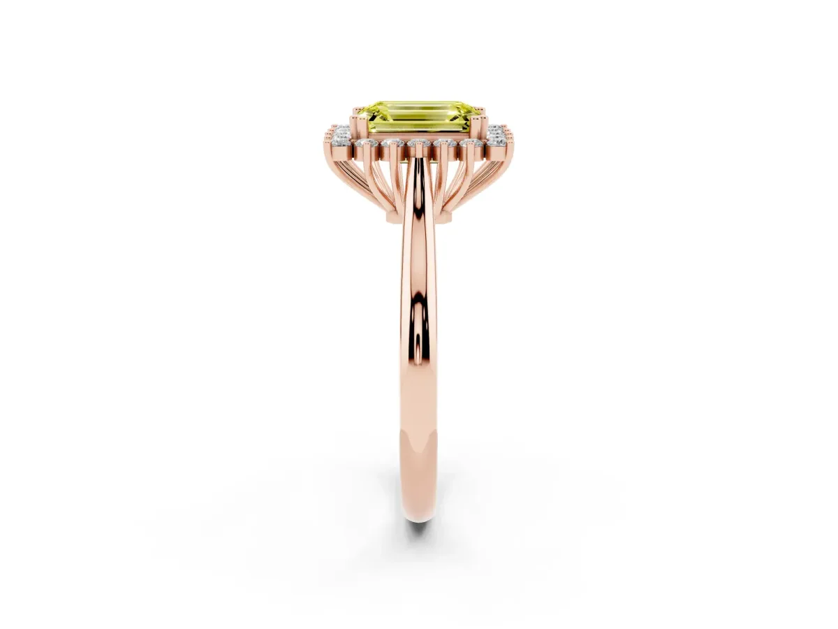 Fancy Yellow Emerald Cut Cut Diamond Halo Ring with Solitaire Band and Prong Setting Rose gold