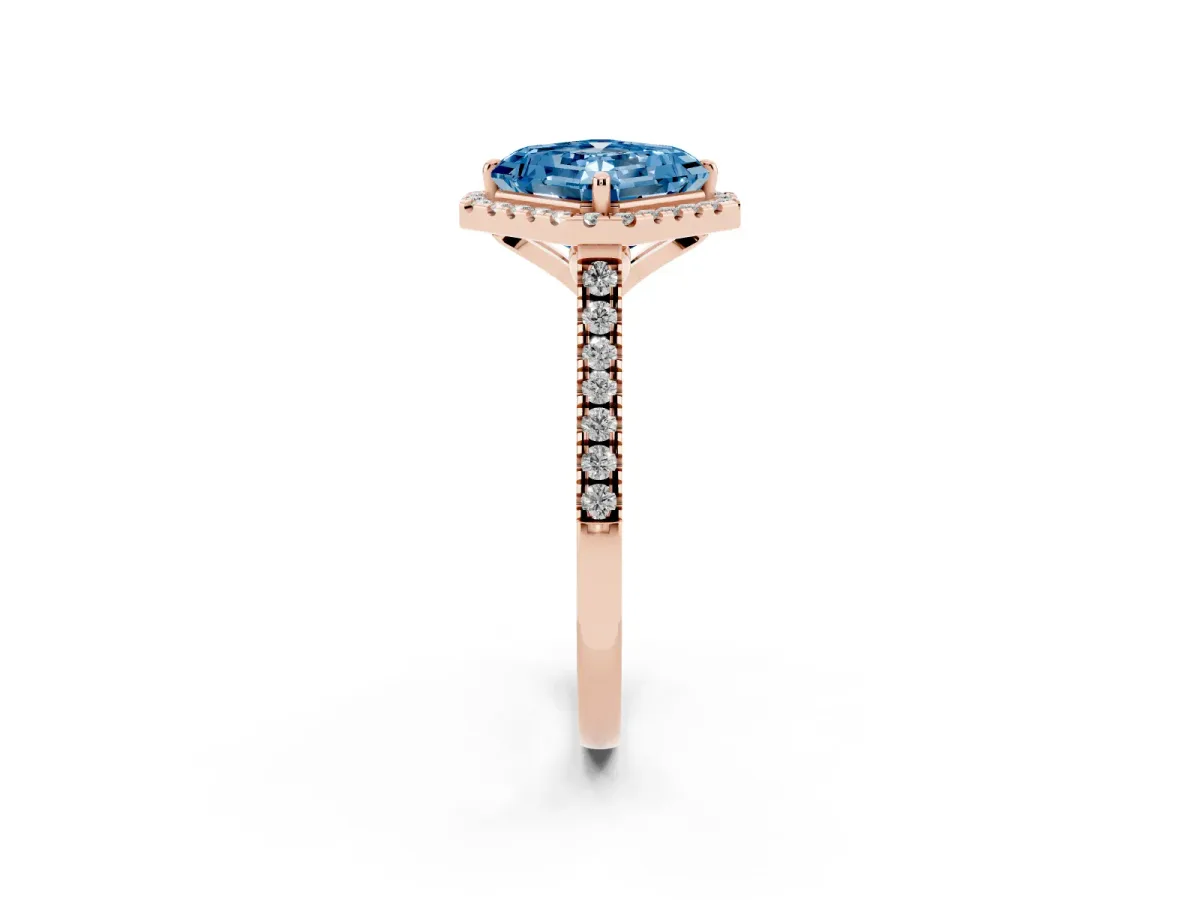 Fancy Blue Asscher Cut Diamond Cushion Halo Ring with Pavé Band Rose gold