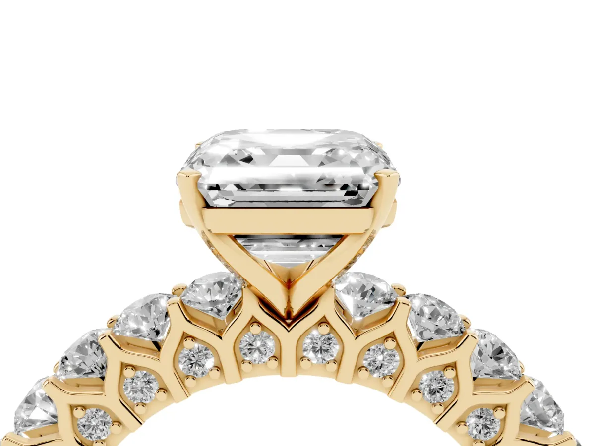 Asscher Cut Diamond Solitaire Ring with Shared Prong Pavé Band and Four-Prong Setting Yellow gold