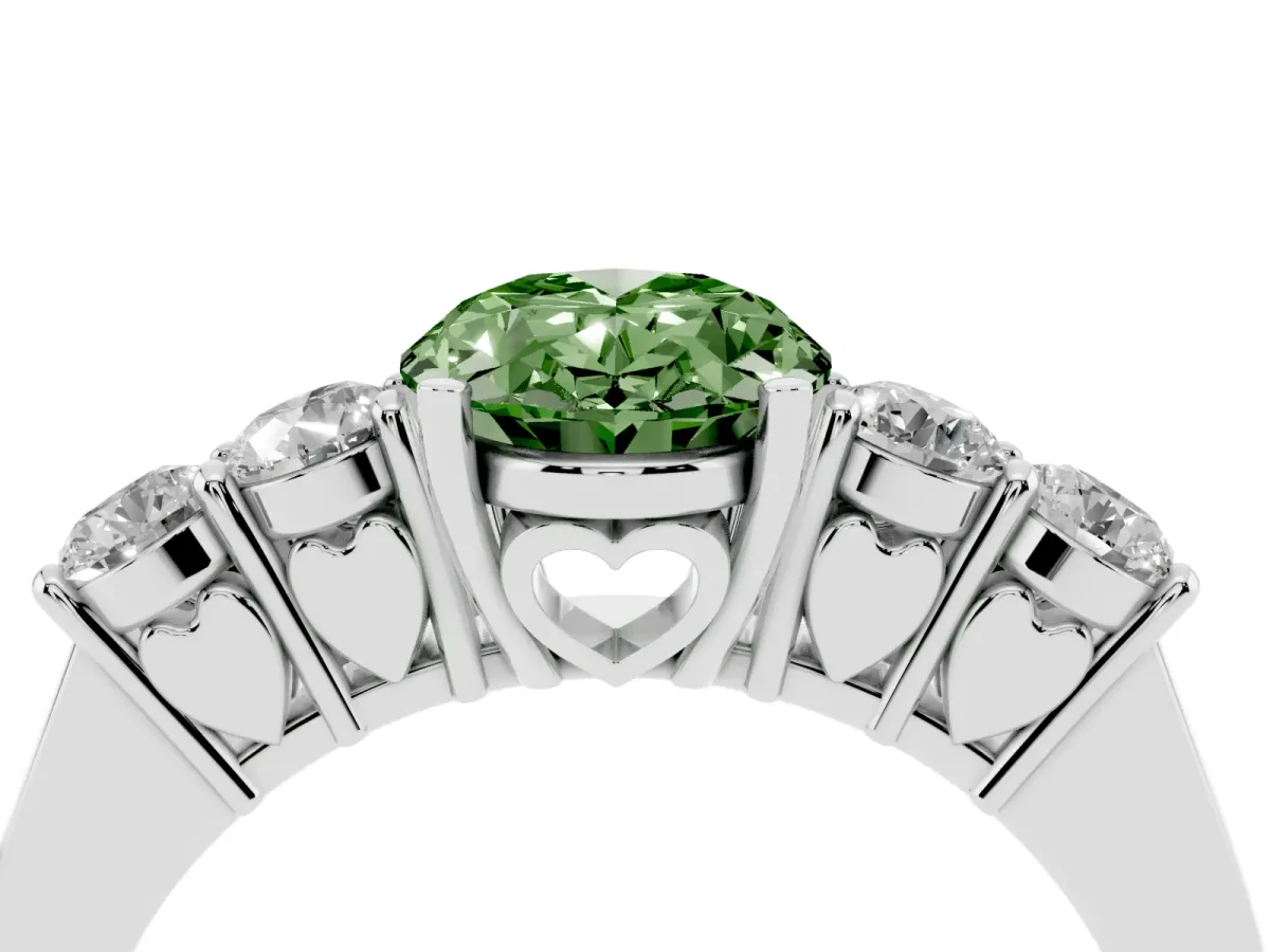 Fancy Green Oval Cut Cut Diamond Five-Stone Prong Set White Gold Ring Platinum