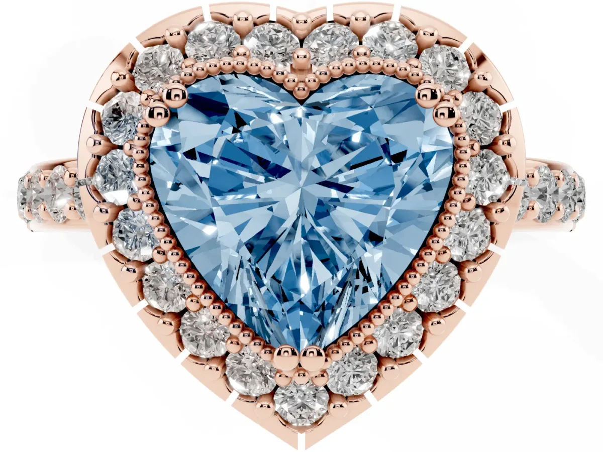 Fancy Blue Heart Cut Diamond Halo Ring with Pavé Band and Prong Setting Rose gold