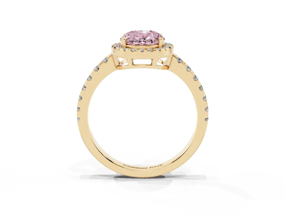 Fancy Pink Oval Cut Diamond Halo Ring with Pavé Band and Four-Prong Setting Yellow gold