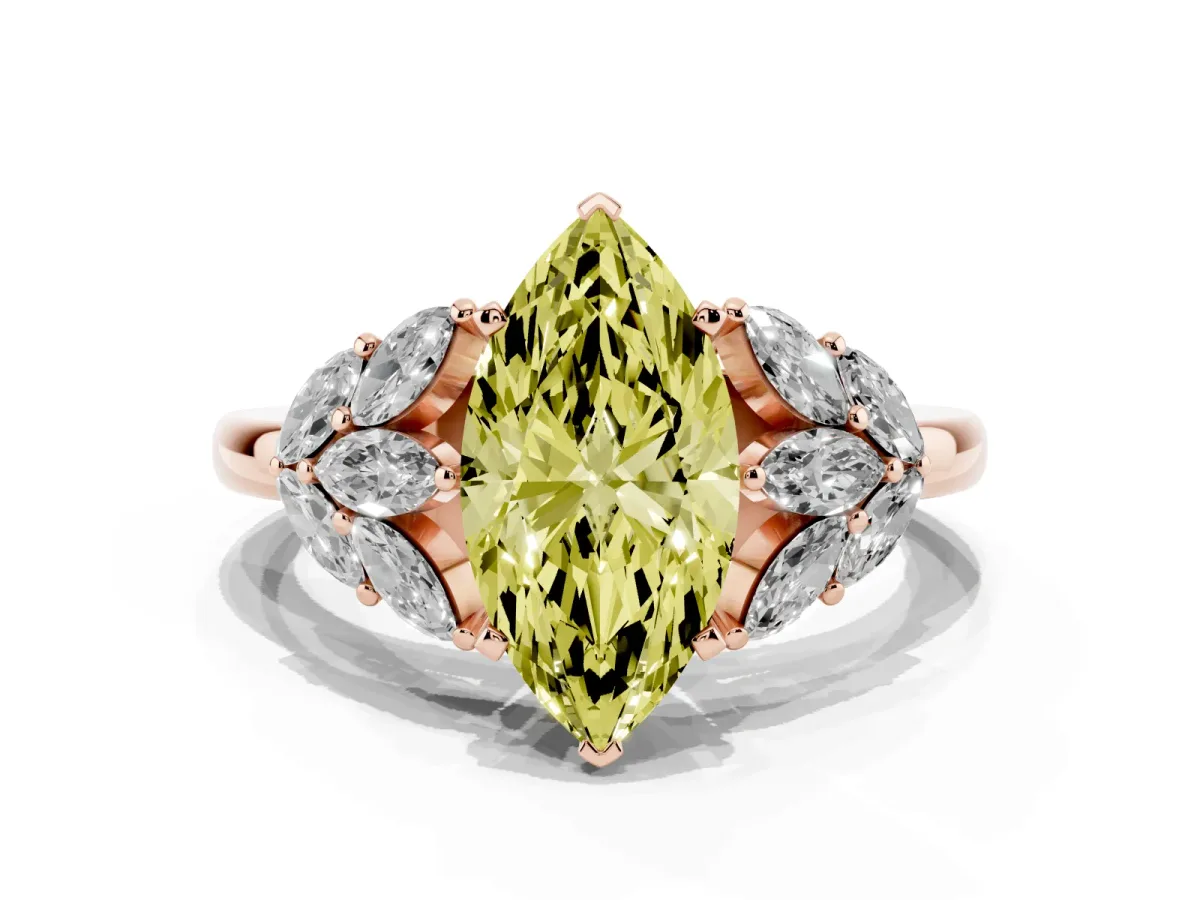 Fancy Yellow Marquise Cut Diamond Cluster Leaf Design Ring with Prong Setting Rose gold