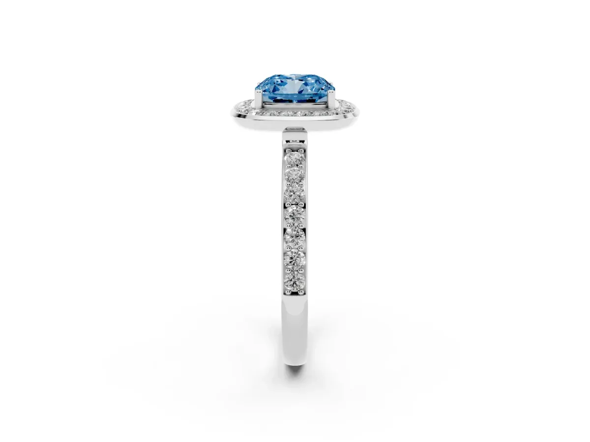 Fancy Blue Cushion Cut Diamond Halo Ring with Bezel Frame and Pavé Band Silver
