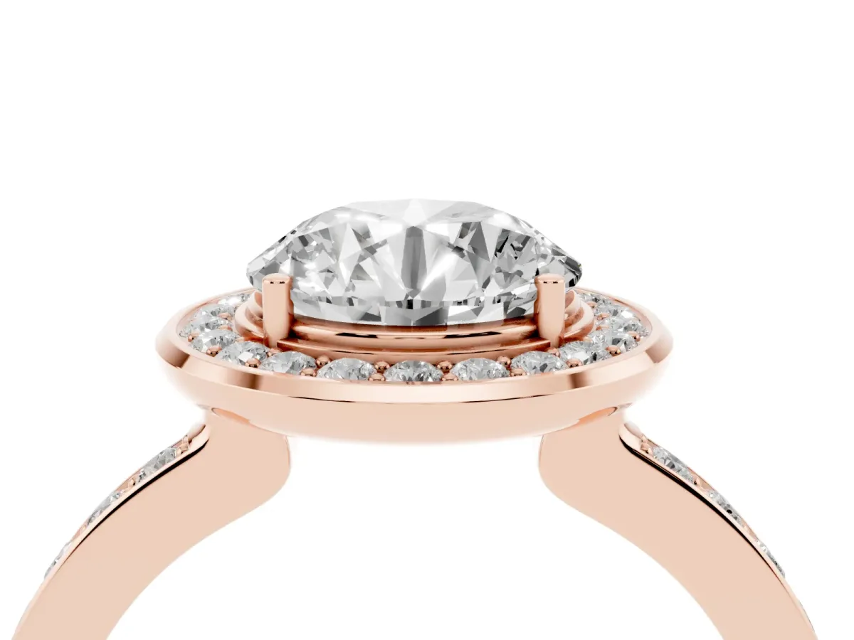Round Cut Diamond Halo Ring with Bezel Frame and Pavé Band Rose gold