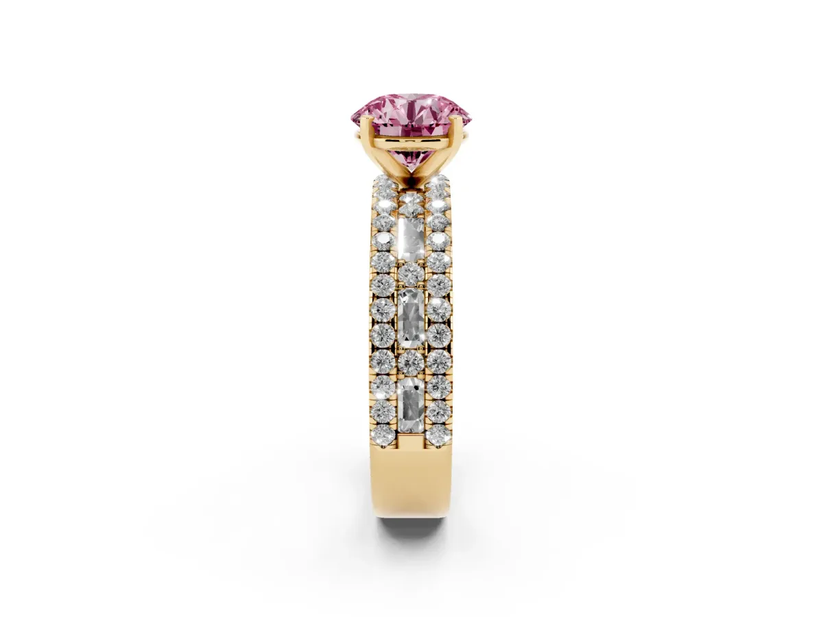 Fancy Pink Round Cut Diamond Solitaire Ring with Pavé and Channel Set Band Yellow gold
