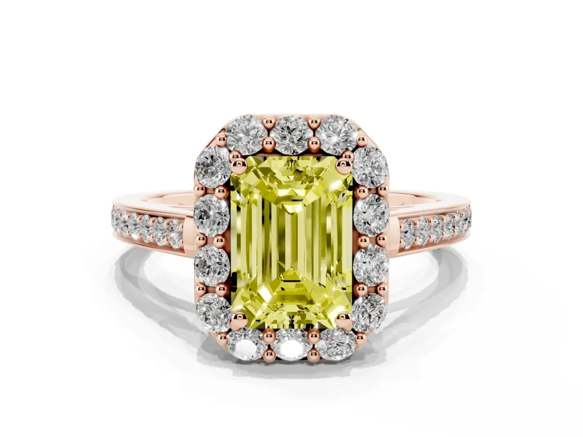 Fancy Yellow Emerald Cut Diamond Floral Halo Ring with Pavé Band and Prong Setting Rose gold