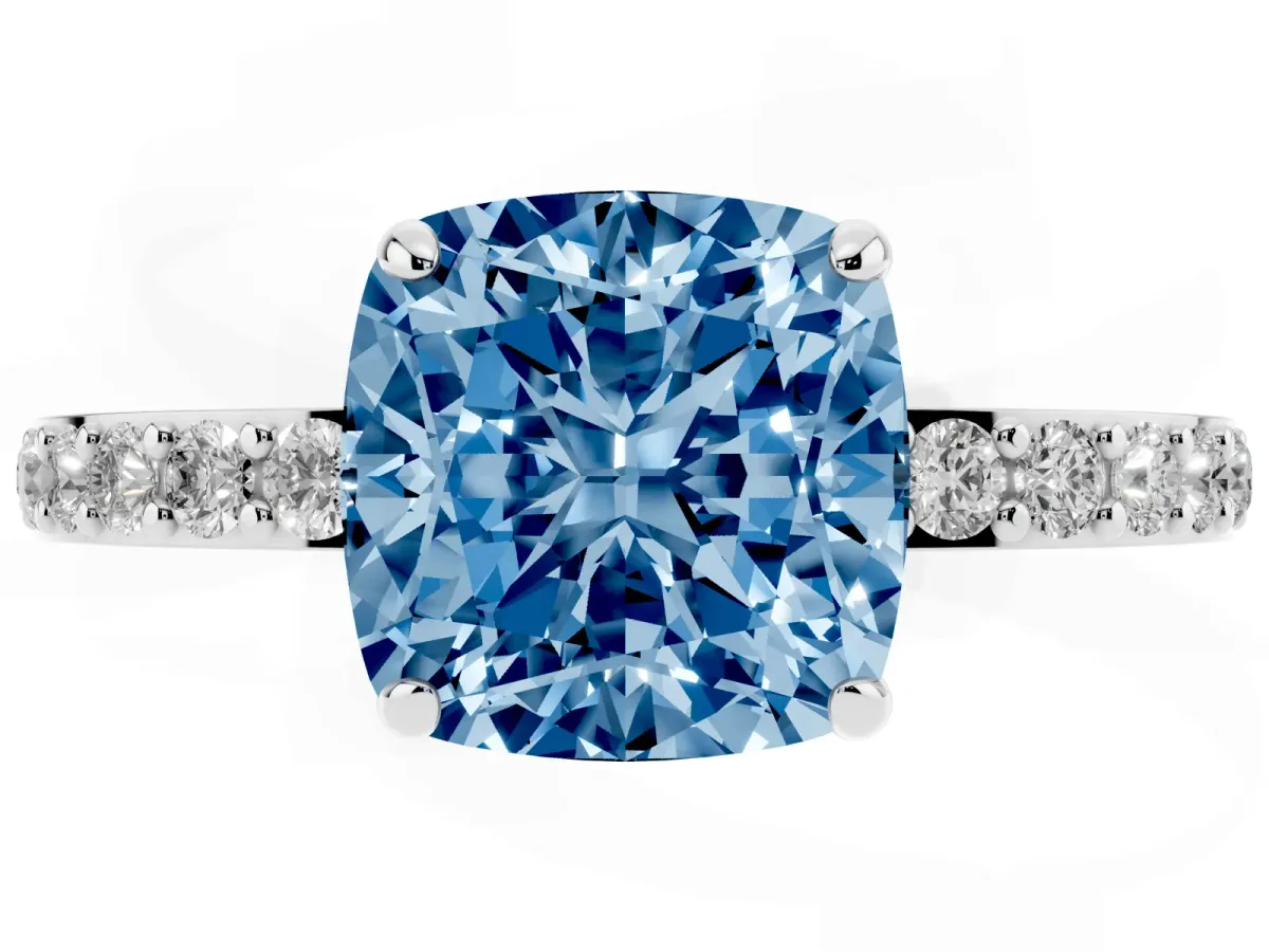 Fancy Blue Cushion Cut Diamond Pavé Engagement Ring with Round Accents and Prong Setting Silver