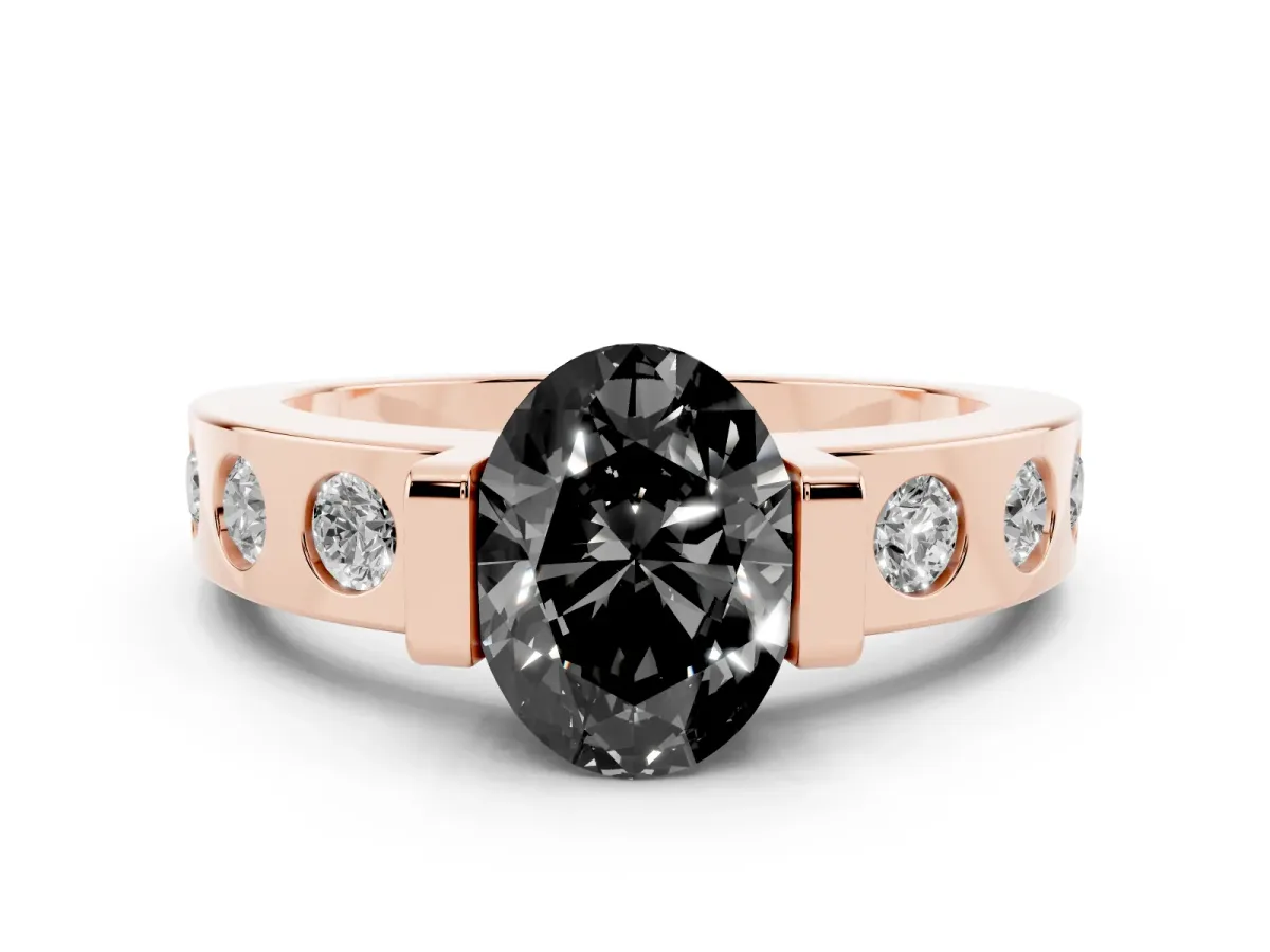 Fancy Black Oval Cut Brilliant Channel-Set Diamond Ring with Bezel Prong Setting Rose gold