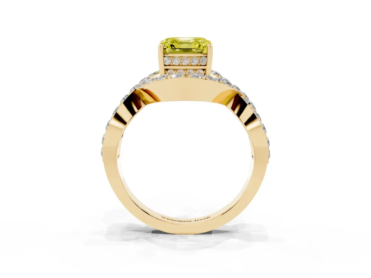 Fancy Yellow Asscher Cut Solitaire Twist Band Pavé Diamond Engagement Ring Yellow gold