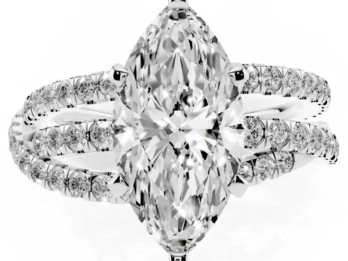 Marquise Cut Solitaire Twist Band with Pavé Setting and Four-Prong Setting Silver
