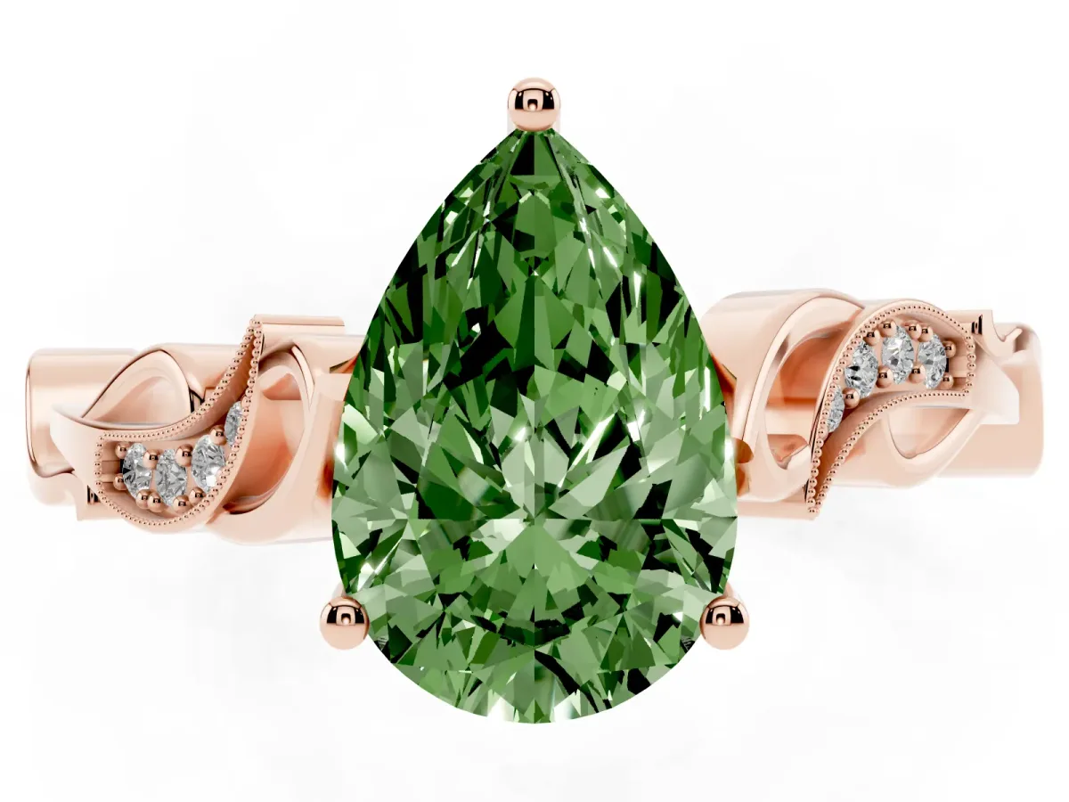 Fancy Green Pear Cut Solitaire Vine Band with Milgrain Prong Setting Rose gold
