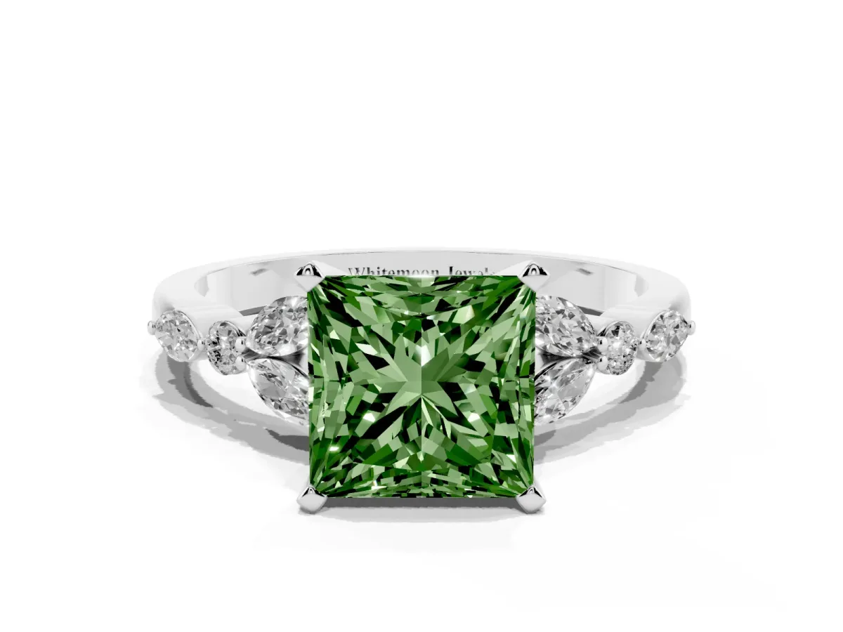 Fancy Green Princess Cut Diamond Solitaire Ring with Side Stones and Four-Prong Setting Silver