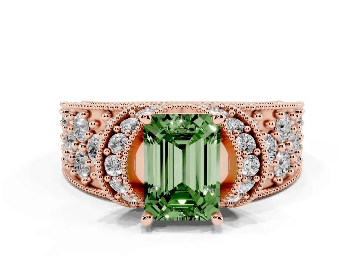 Fancy Green Emerald Cut Halo Pave Diamond Engagement Ring with Milgrain Detailing Rose gold