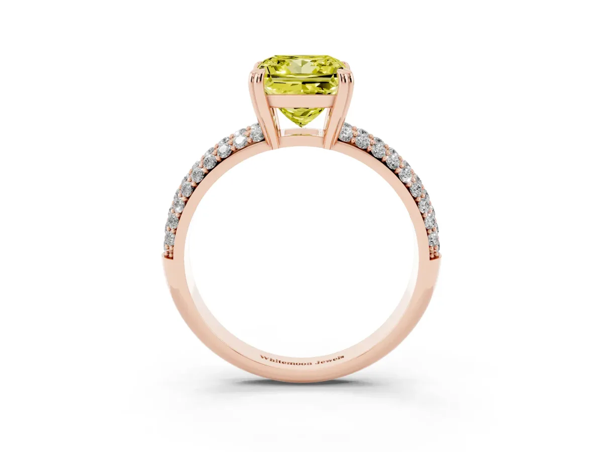 Fancy Yellow Princess Cut Diamond Solitaire Ring with Multi-Row Round Pavé Band and Prong Setting Rose gold