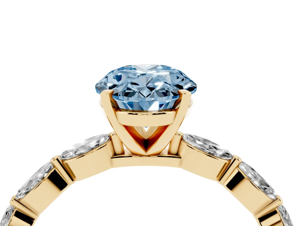 Fancy Blue Oval Cut Diamond Ring with Marquise Side Stones and Prong Setting Yellow gold