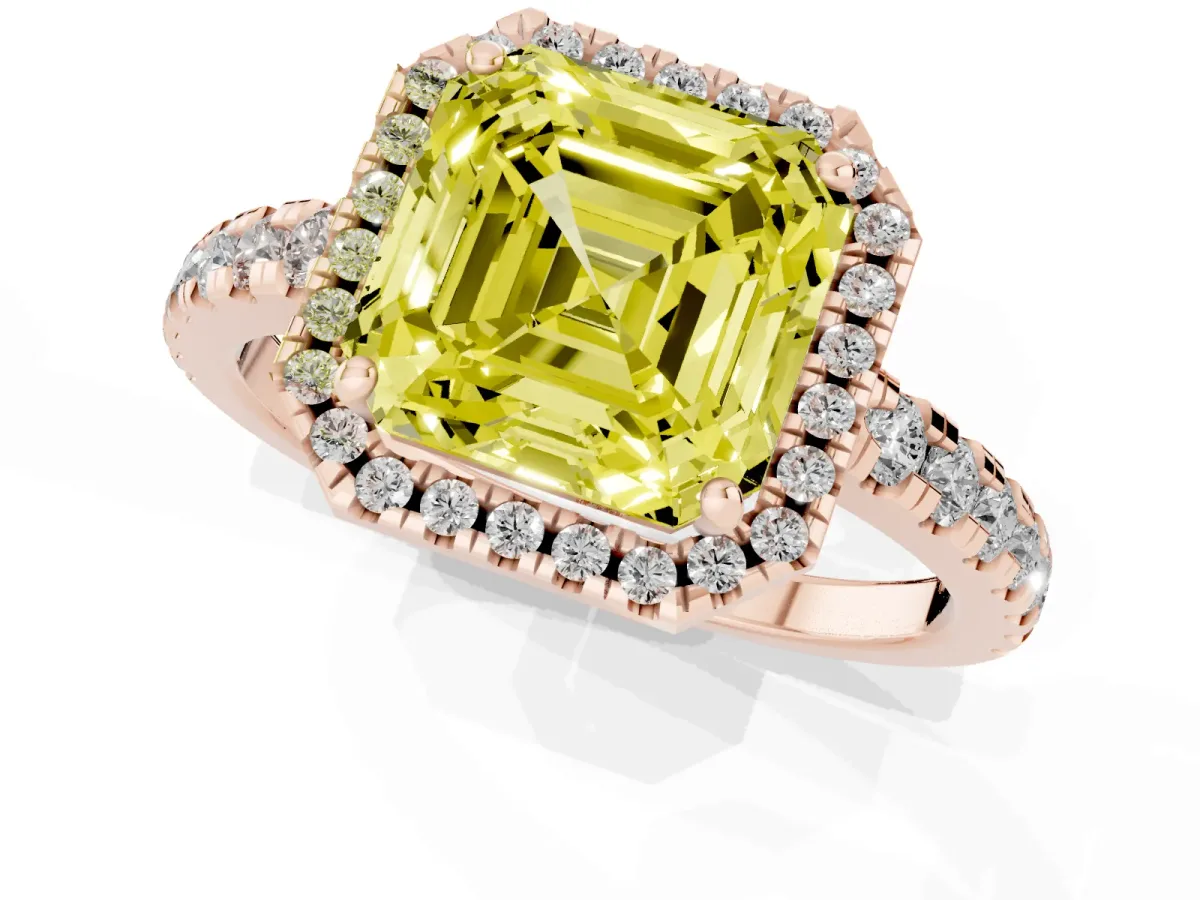 Fancy Yellow Asscher Cut Diamond Halo Ring with Pavé Band and Four-Prong Setting Rose gold