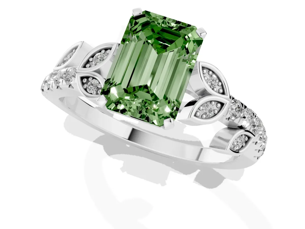Fancy Green Emerald Cut Solitaire Leaf-Inspired Diamond Ring with Pavé Band and Four-Prong Setting Silver