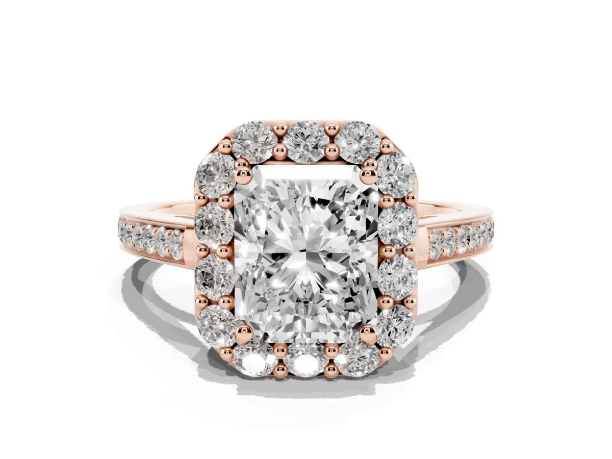 Radiant Cut Diamond Floral Halo Ring with Pavé Band and Prong Setting Rose gold