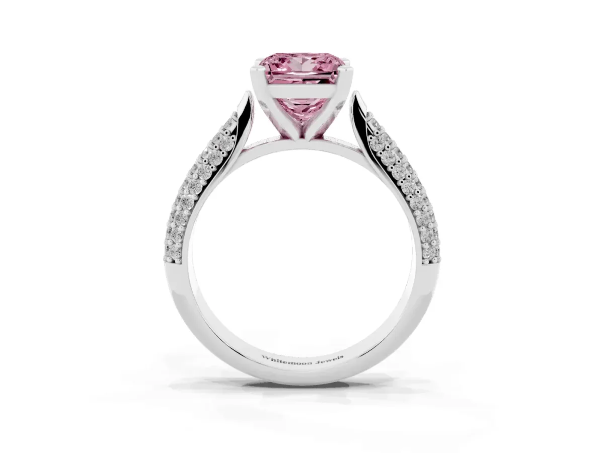 Fancy Pink Princess Cut Diamond Solitaire Engagement Ring with Multi-Row Round Pavé Band and Prong Setting Silver