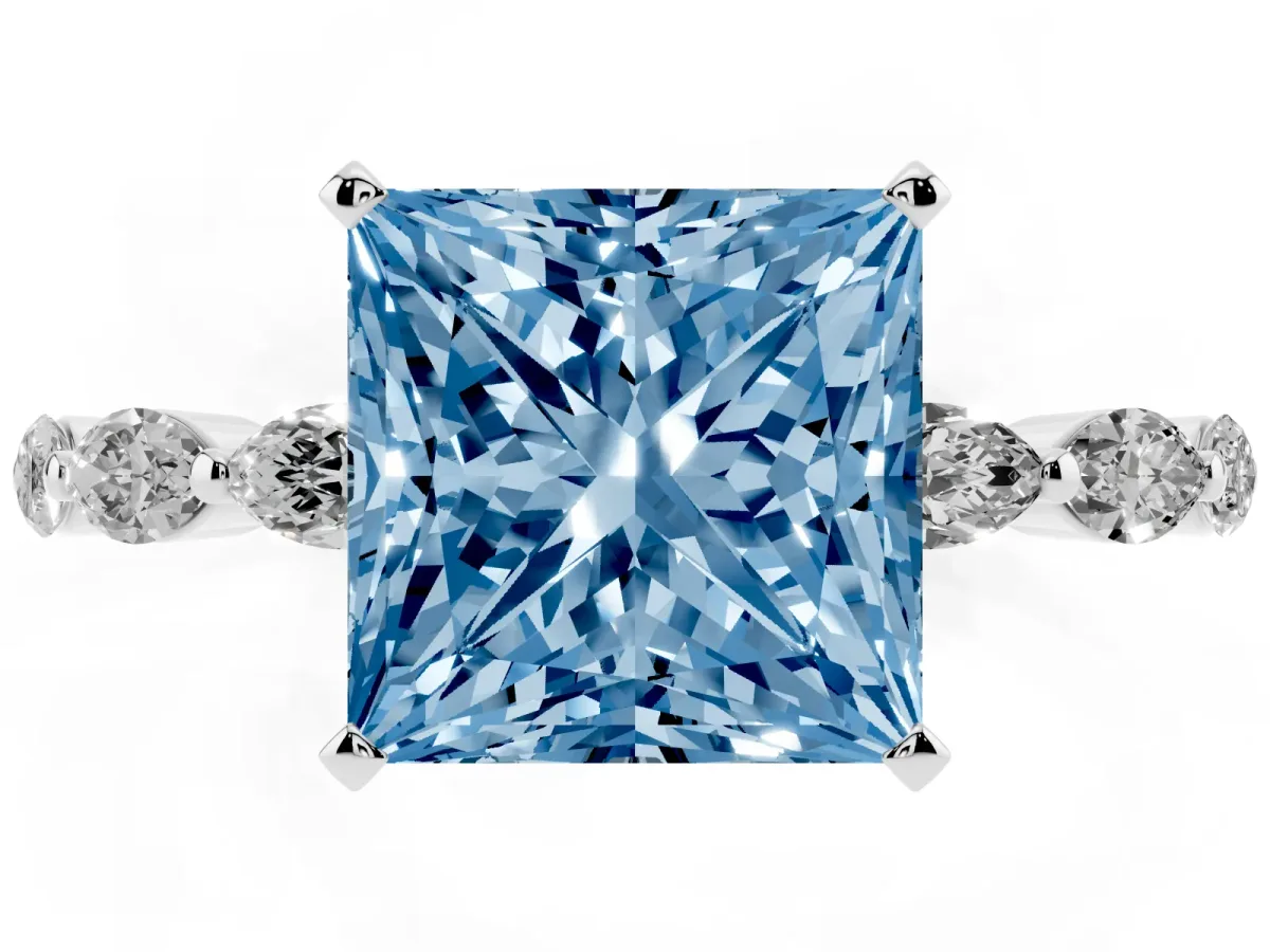Fancy Blue Princess Cut Diamond Ring with Marquise Side Stones and Prong Setting White gold