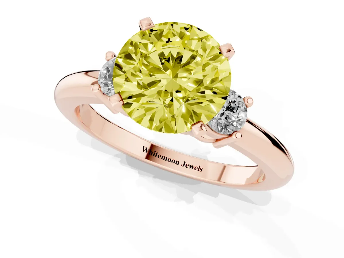 Fancy Yellow Three-Stone Round Cut Cut Diamond Solitaire with Prong Setting and Classic Band Rose gold