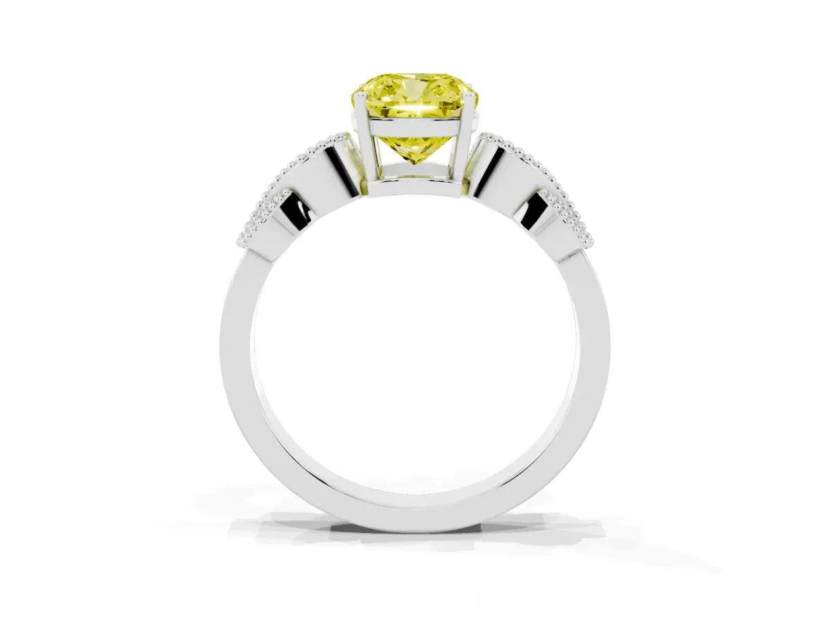 Fancy Yellow Cushion Cut Solitaire Milgrain Leaf Band with Prong Setting Platinum