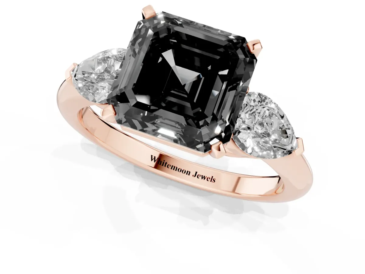 Fancy Black Three-Stone Asscher Cut Diamond Ring with Pear Side Stones and Four-Prong Setting Rose gold