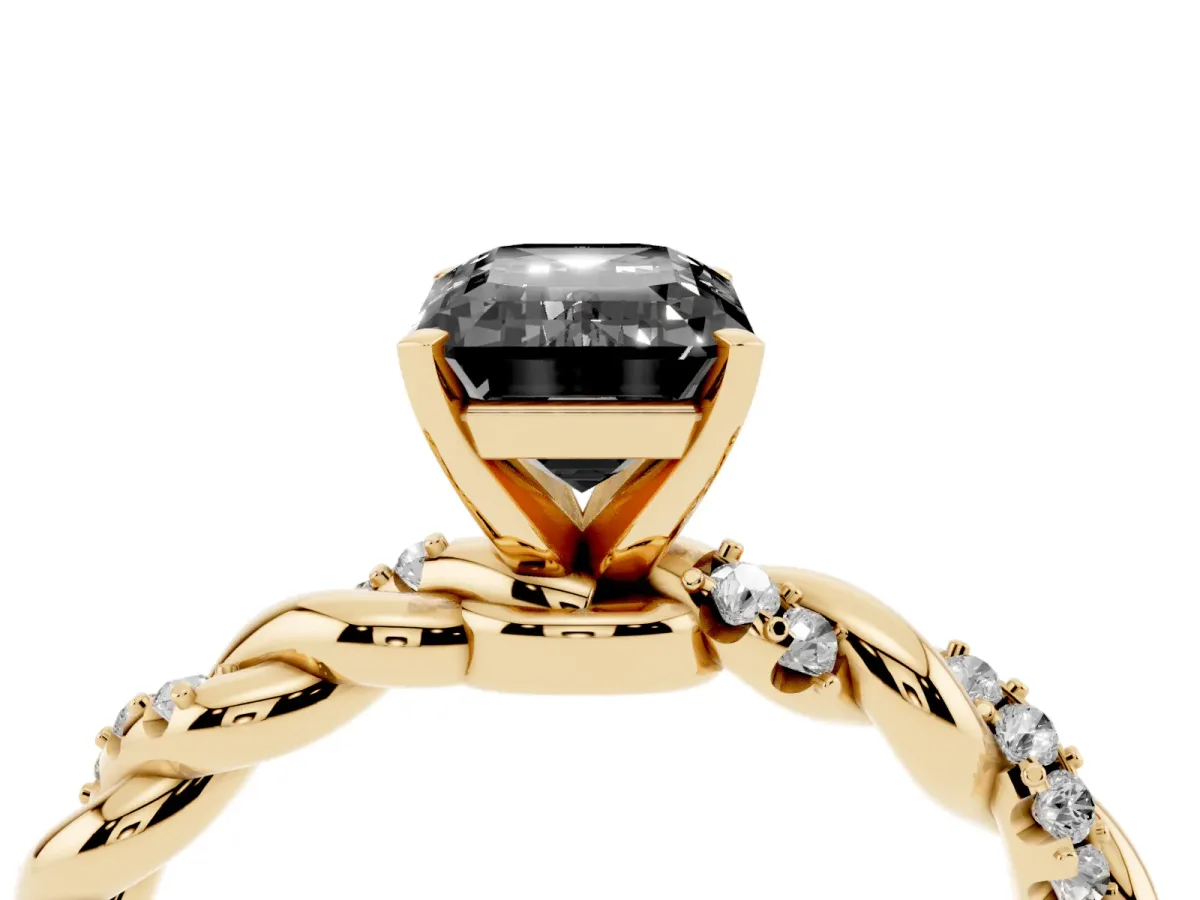 Fancy Black Emerald Cut Diamond Solitaire Ring with Twisted Band and Pavé Accents Yellow gold