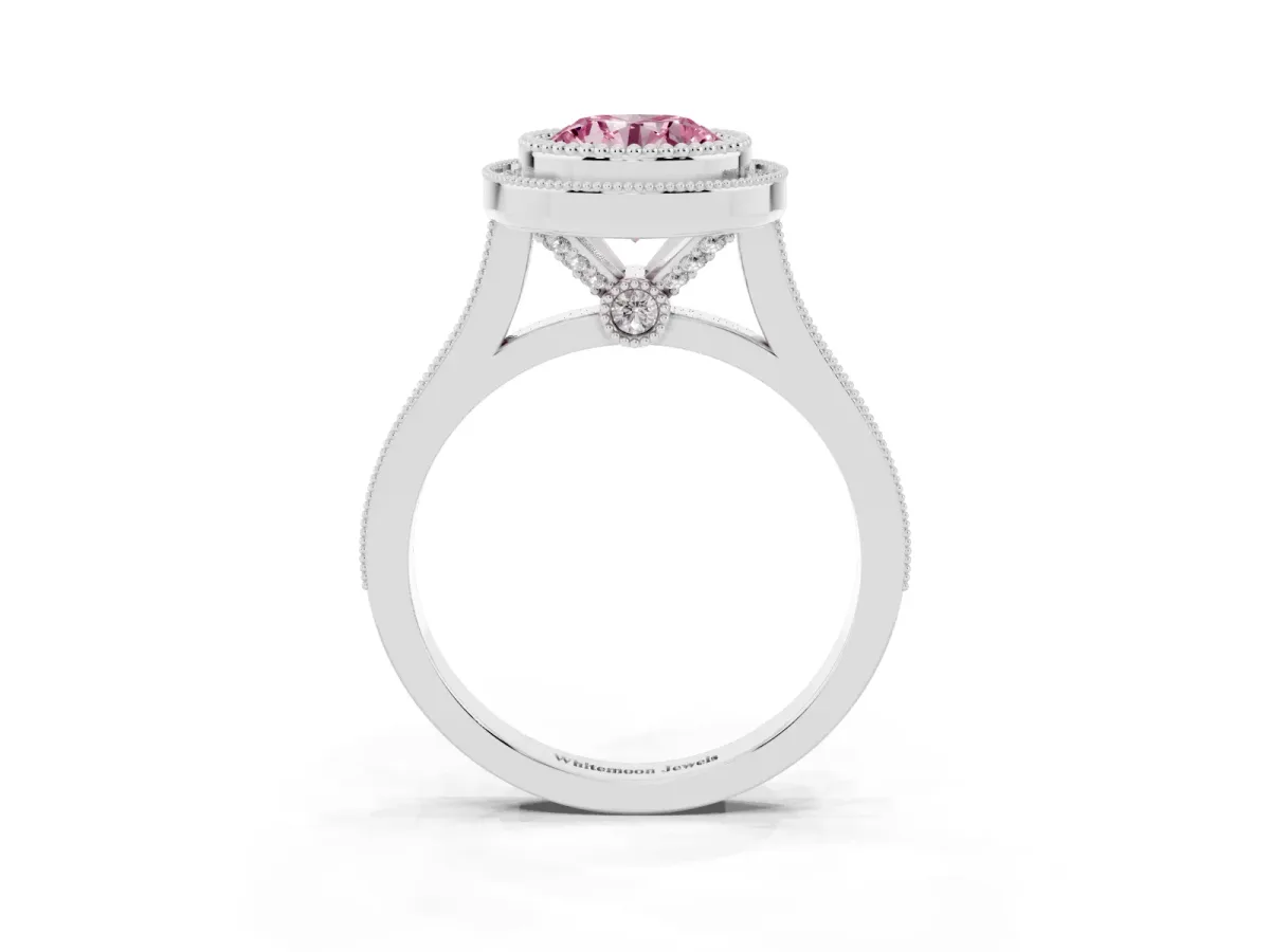 Fancy Pink Round Cut Diamond Halo Ring with Milgrain Frame and Pavé Band Silver