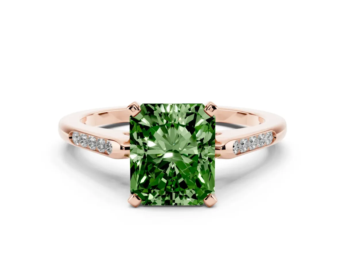 Fancy Green Radiant Cut Diamond Solitaire Ring with Channel Set Round Band and Prong Setting Rose gold