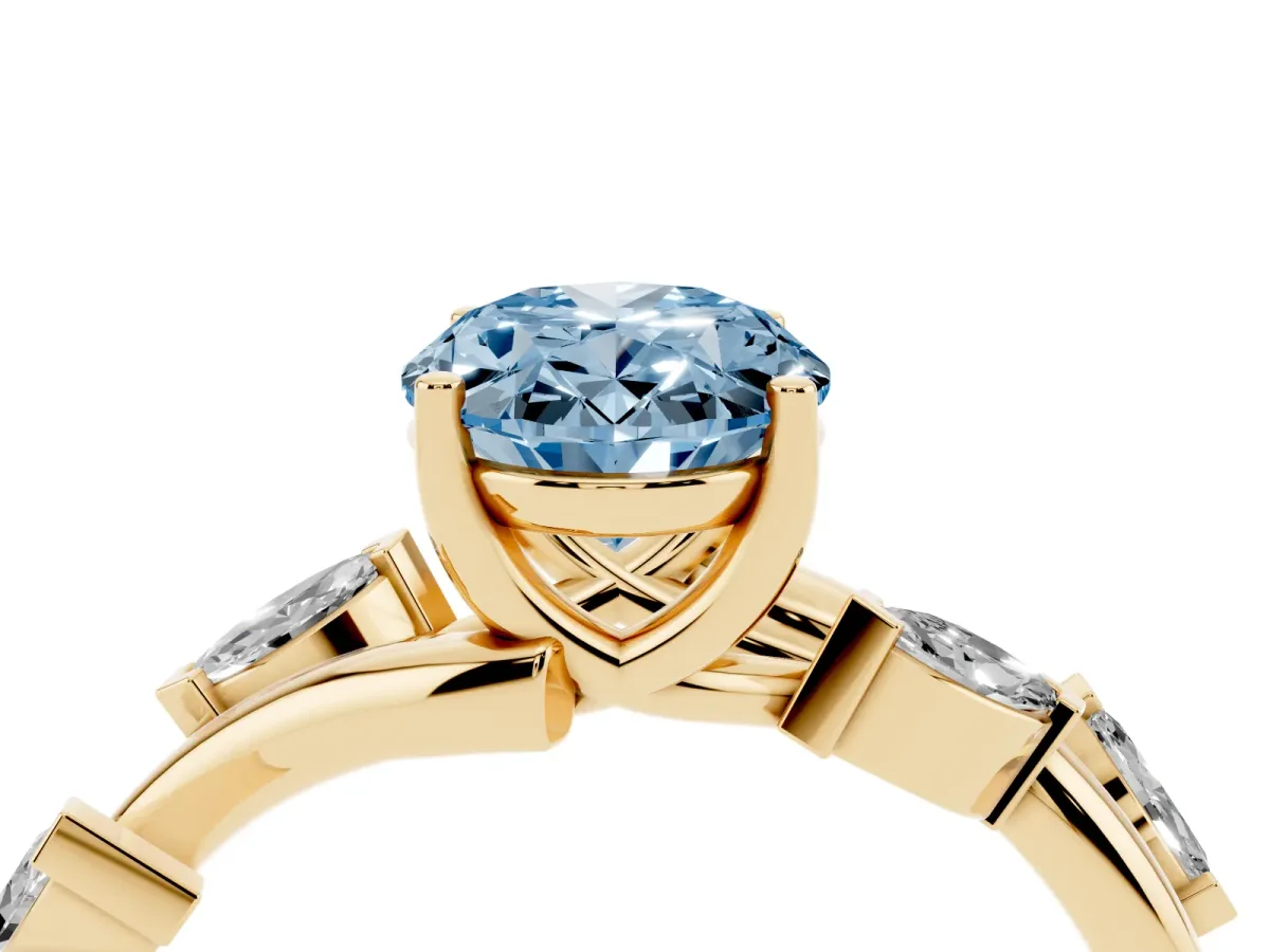 Fancy Blue Oval Cut Solitaire Twisted Band Marquise Accent Prong Setting Ring Yellow gold