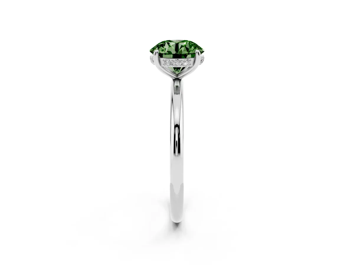 Fancy Green Round Cut Solitaire Diamond Ring with a Classic Band and Four-Prong Setting Silver