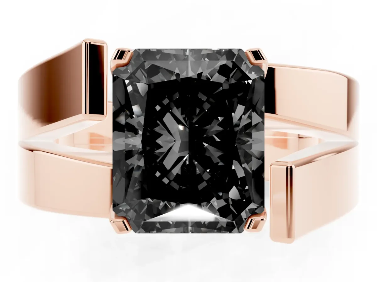 Fancy Black Modern Tension Set Radiant Cut Diamond Solitaire Wide Band Ring Rose gold