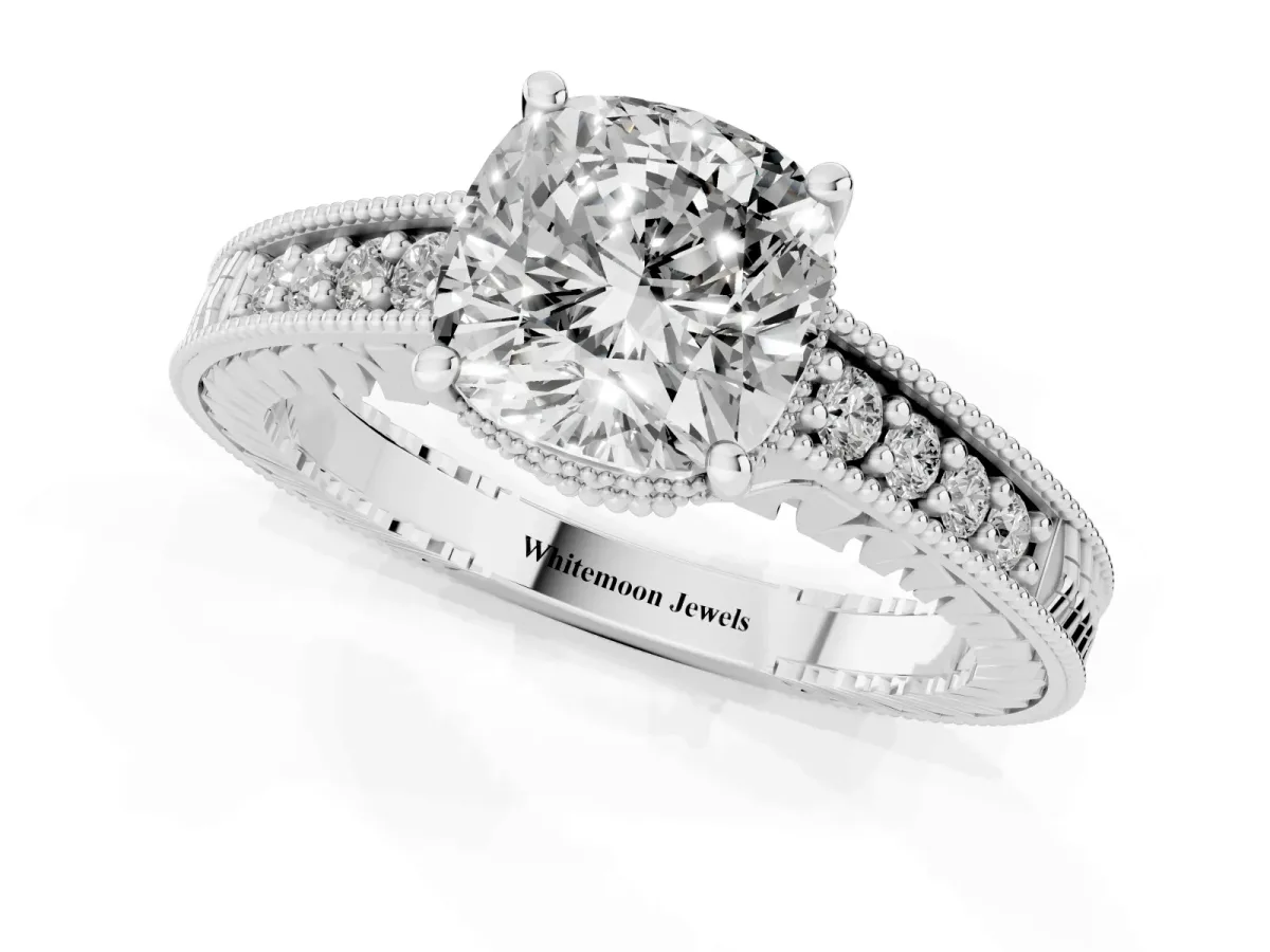 Cushion Cut Solitaire Pavé Diamond Milgrain Engagement Ring with Four-Prong Setting Silver