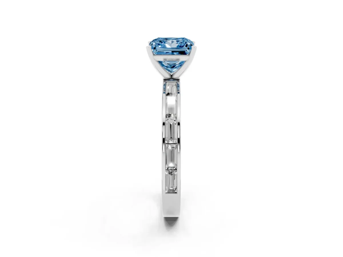 Fancy Blue Princess Cut Solitaire Diamond Ring with Channel-Set Baguette Band and Four-Prong Setting Platinum